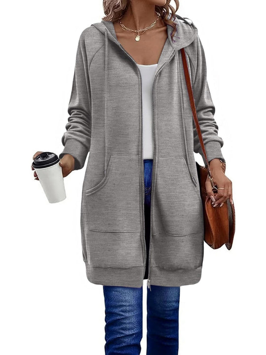 Damen Lange Kapuzenjacke mit Reißverschluss und praktischen Taschen R&B