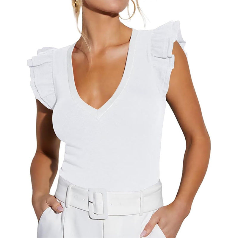 Damen ärmelloses Oberteil mit Rüschen und V-Ausschnitt R&B