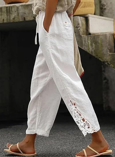 Damen luftige Leinenhose mit dekorativen Stickereien R&B