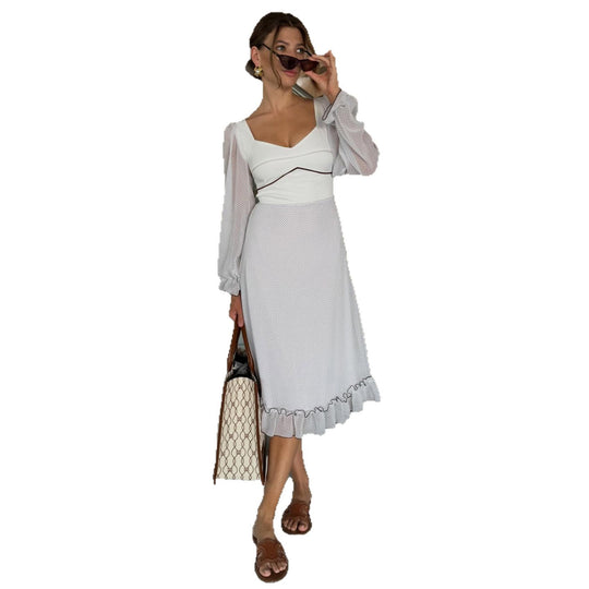 Damen Midikleid mit voluminösen Puffärmeln und verspieltem Rüschensaum R&B