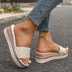 Damen Elegante Wedge-Pantoletten mit Perlenverzierungen und rutschfester Sohle R&B