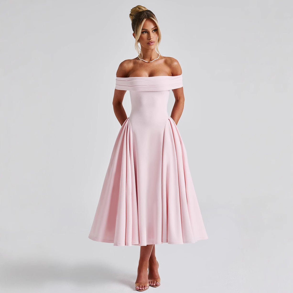 Damen Off-Shoulder Cocktailkleid mit voluminösem Rock und elegantem Trägerdesign R&B