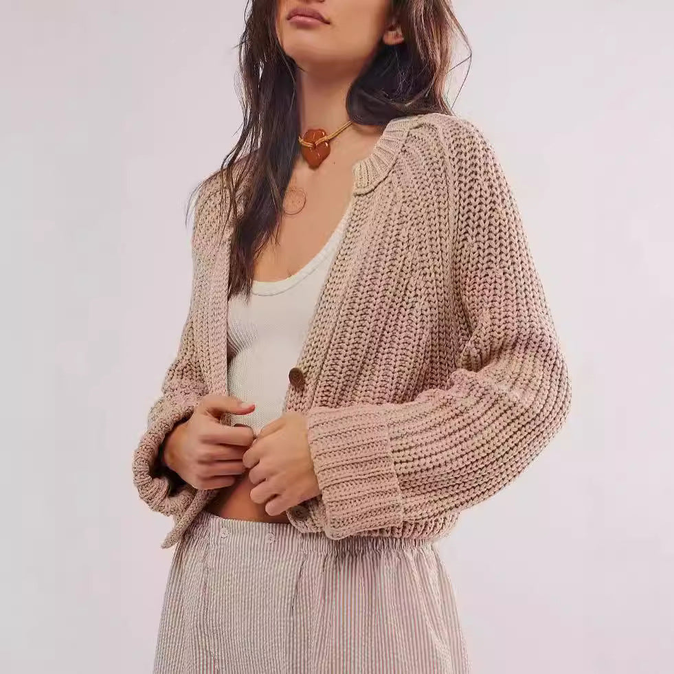 Damen lässige Strickjacke mit dekorativem Knopfverschluss und voluminösen Ärmeln R&B