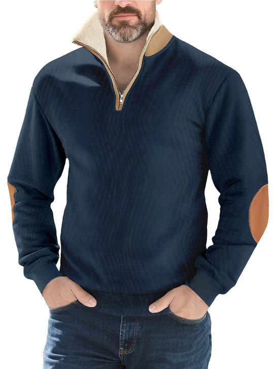 Herren nan Strukturstrick-Halbzipppullover mit wärmendem Sherpa-Kragen und Velours-Ellenbogenapplikation R&B