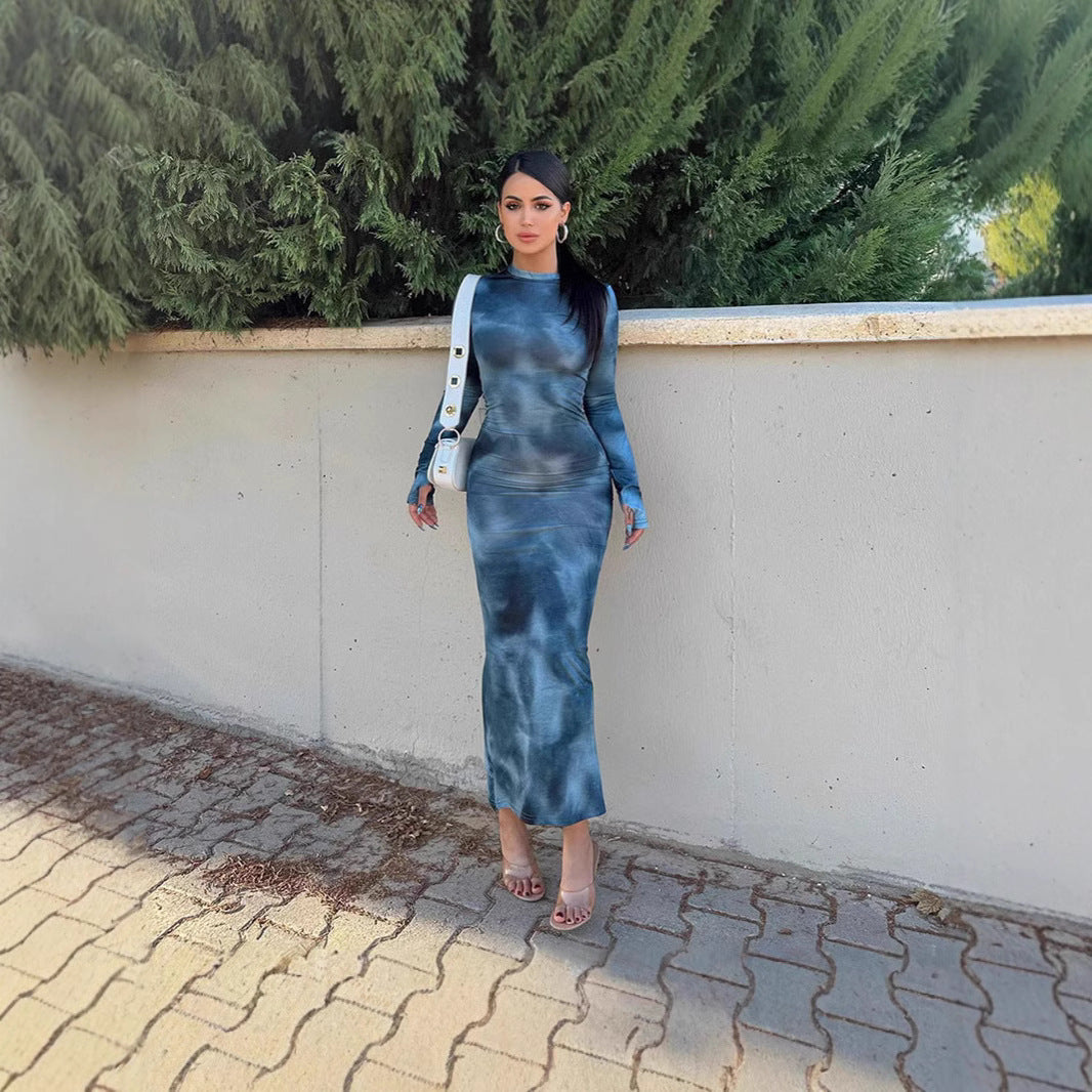 Damen Maxi-Kleid mit langen Ärmeln und modischem Batikmuster R&B