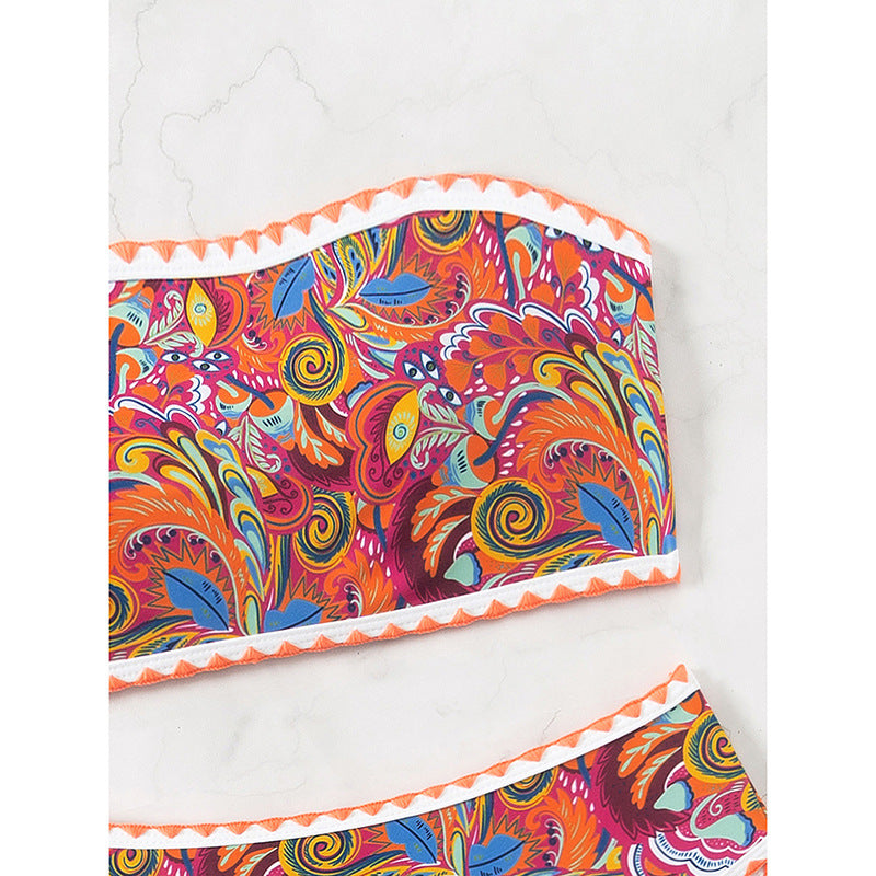 Damen Bandeau-Bikini mit buntem Psychedelic-Design und eleganten Rüschen R&B