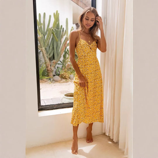 Damen Sommerkleid mit feinem Blumenmuster und verspielten Trägern R&B