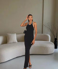 Damen Elegantes Maxikleid mit tiefem V-Ausschnitt und seitlichem Schlitz R&B
