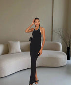 Damen Elegantes Maxikleid mit tiefem V-Ausschnitt und seitlichem Schlitz R&B