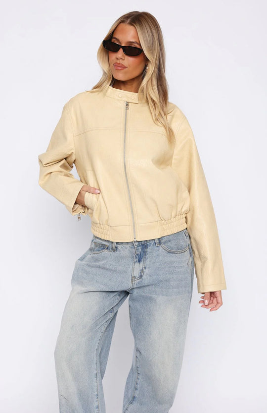 Damen Kunstleder Jacke mit elastischem Bund und hohem Stehkragen R&B