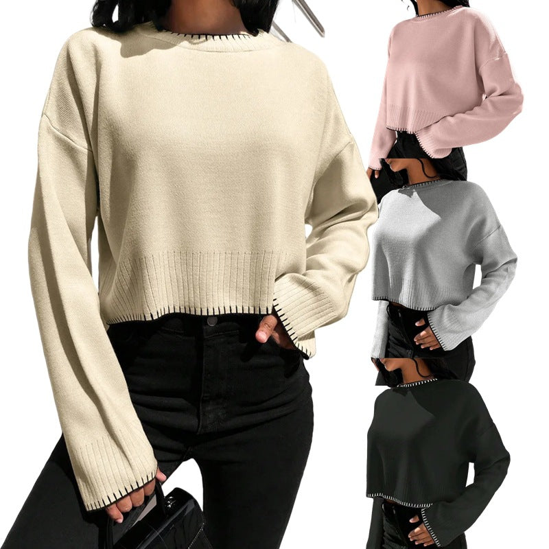 Damen Cropped Strickpullover mit feiner Rippenstruktur und lässigem Schnitt R&B