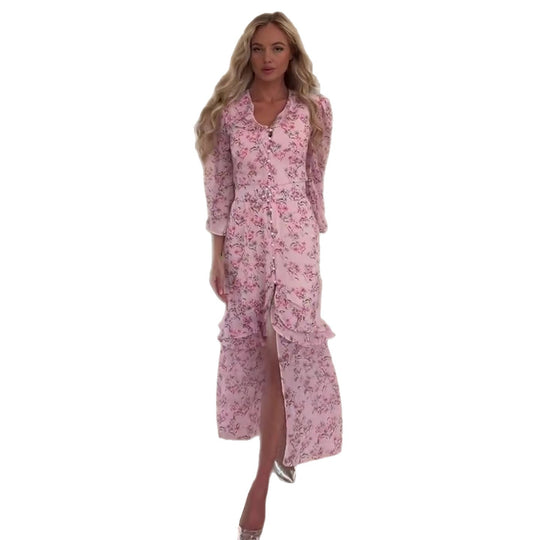 Damen Maxikleid mit floralem Design und hochgeschlossenem Ausschnitt R&B