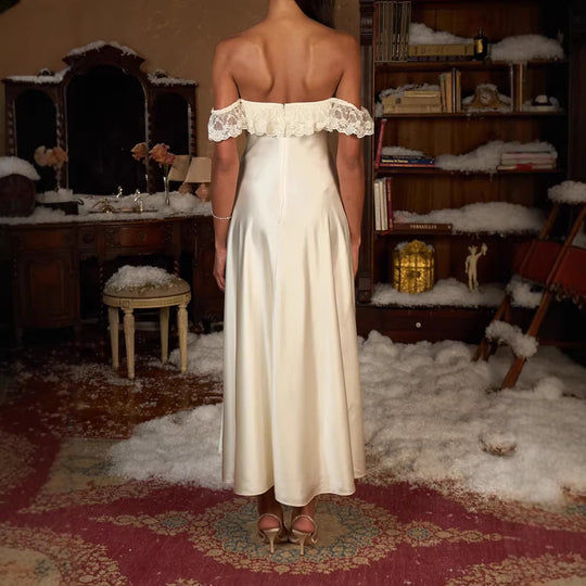 Damen Elegantes bodenlanges Kleid mit Spitzenbesatz R&B