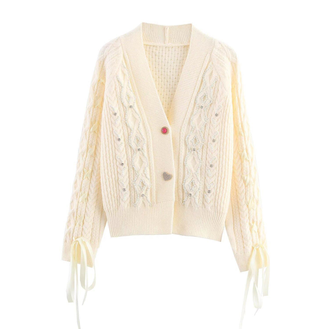 Damen elegante Strickjacke mit dekorativen Knöpfen und Rüschendetails R&B