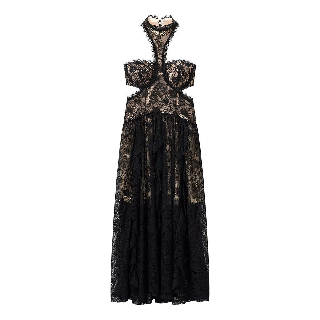 Damen Spitzenmaxikleid mit raffinierten Rüschendetails und elegantem Halterneck R&B
