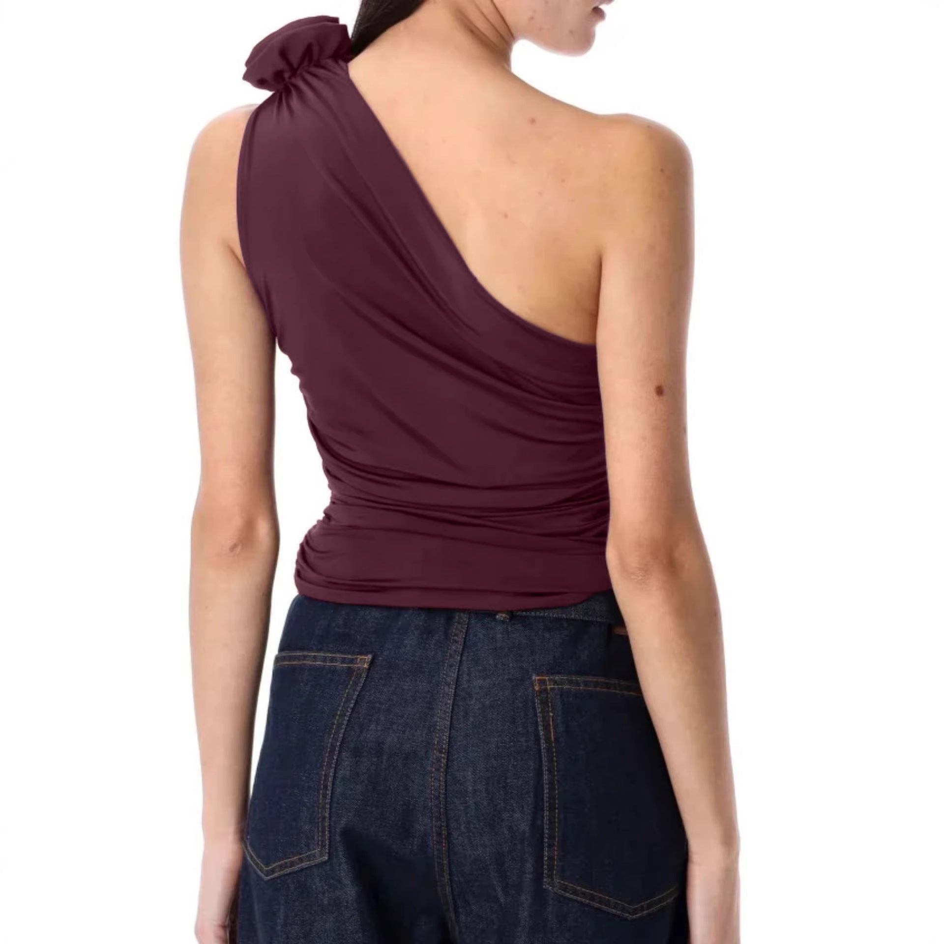 Damen asymmetrisches Top mit Raffungen und floralem Detail R&B