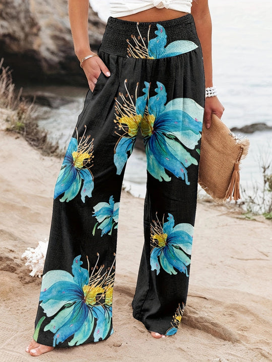 Damen Weit geschnittene Strandhose mit floralem Motiven und elastischem Bund R&B