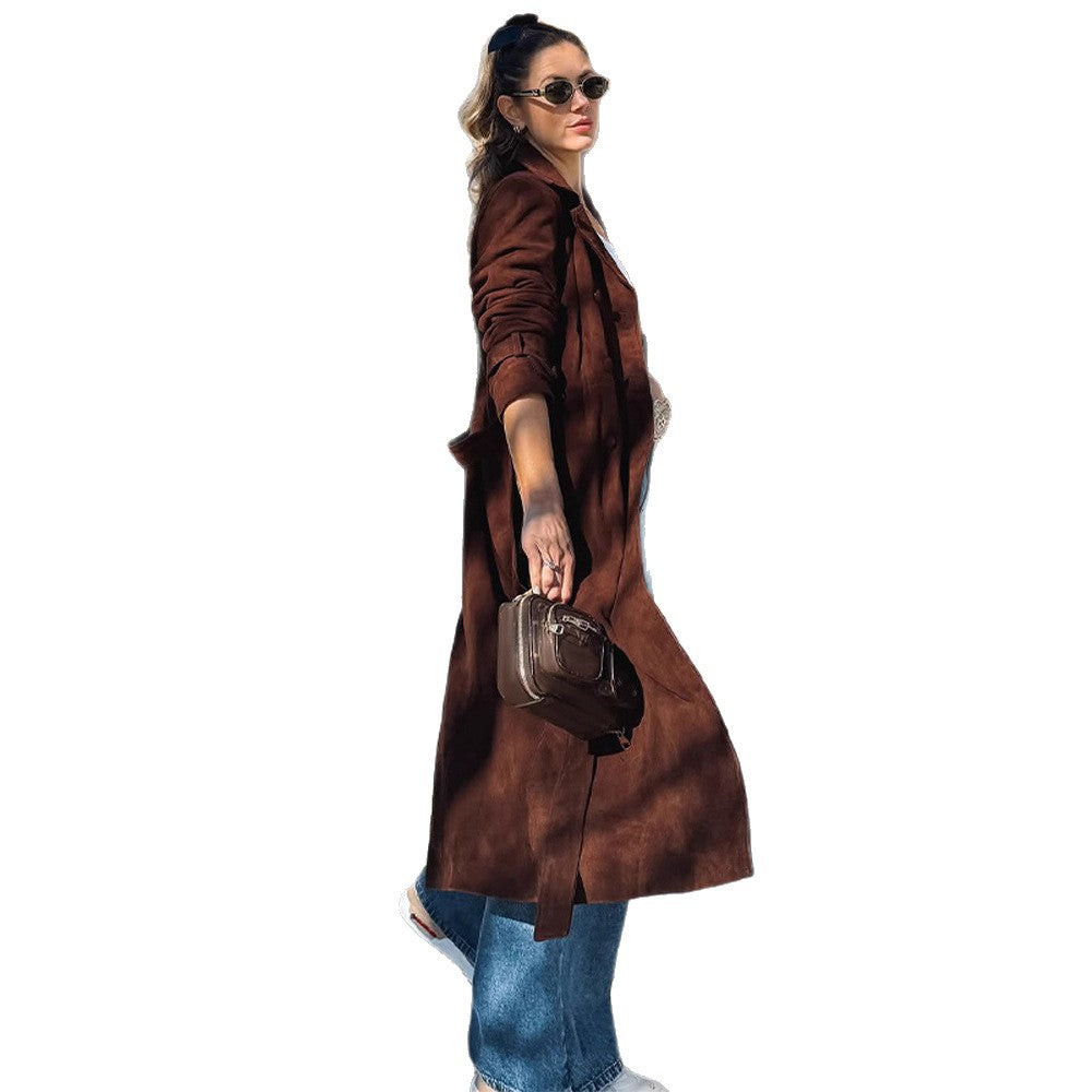 Damen Elegante Langzeit-Trenchcoat aus weichem Wildleder R&B
