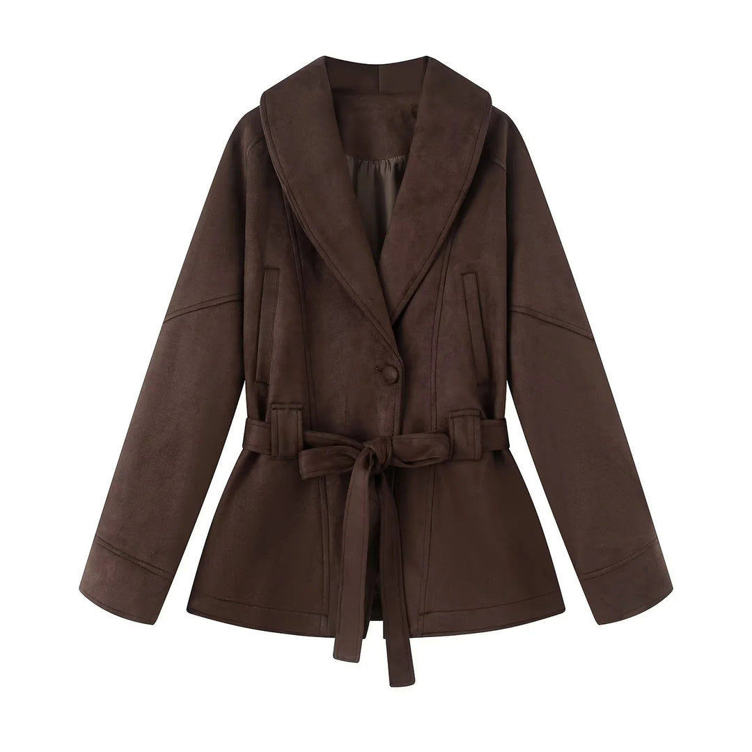 Damen elegante Übergangsjacke mit Bindegürtel und schmeichelndem Revers R&B