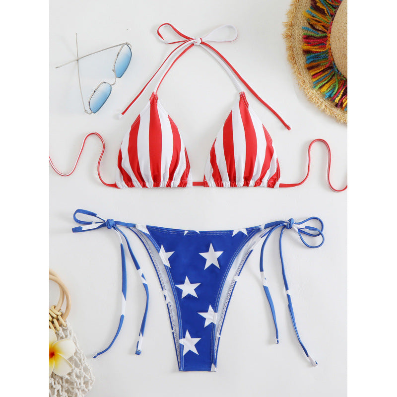 Damen Triangel-Bikini mit amerikanischem Streifen- und Sternenmotiv R&B