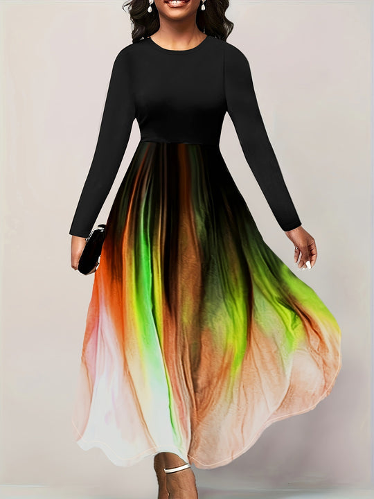Damen Elegantes Maxikleid mit kreativer Farbverlauf-Optik und langen Ärmeln R&B