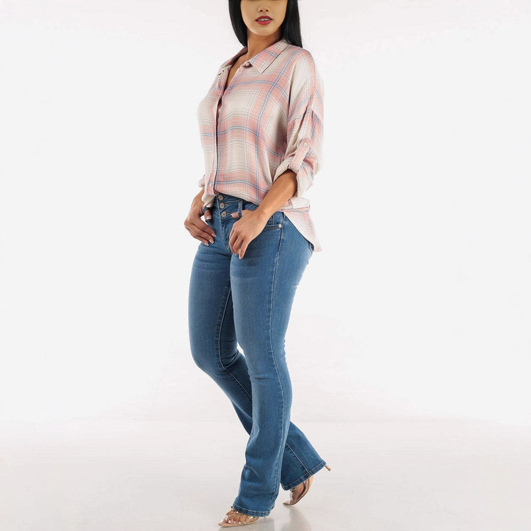 Damen Hochtaillierte Bootcut Jeans mit eleganten Knopfdetails R&B