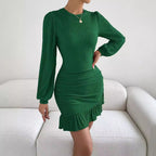 Damen figurbetontes Kleid mit Rüschensaum und langen Ärmeln R&B