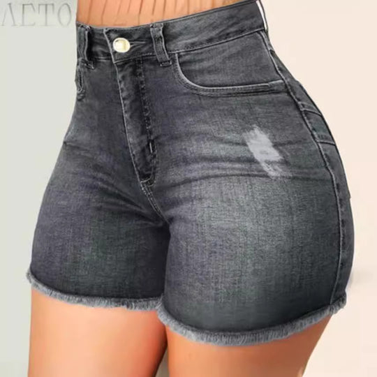 Damen Jeans-Shorts mit hohem Bund und ausgefranstem Saum R&B