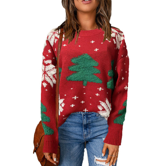 Damen Grobstrickpullover mit winterlichem Tannenbaum-Motiv und lässigem Schnitt R&B