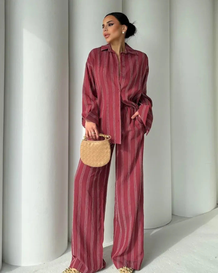 Damen gestreiftes Lounge-Set mit weiten Hosen und lockerer Bluse R&B