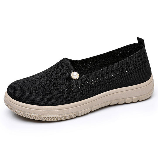 Damen Slip-On Freizeit Schuhe mit eleganter Strickoberfläche und Perlenschmuck R&B