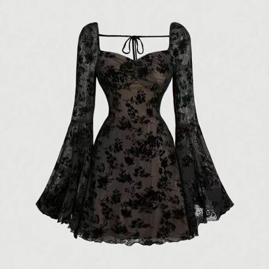 Damen Mini-Kleid mit floralen Spitzenärmeln und verführerischem Ausschnitt R&B