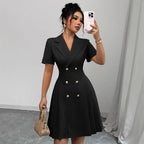 Damen elegantes A-Linien Kleid mit doppelter Knopfleiste und plissiertem Rock R&B