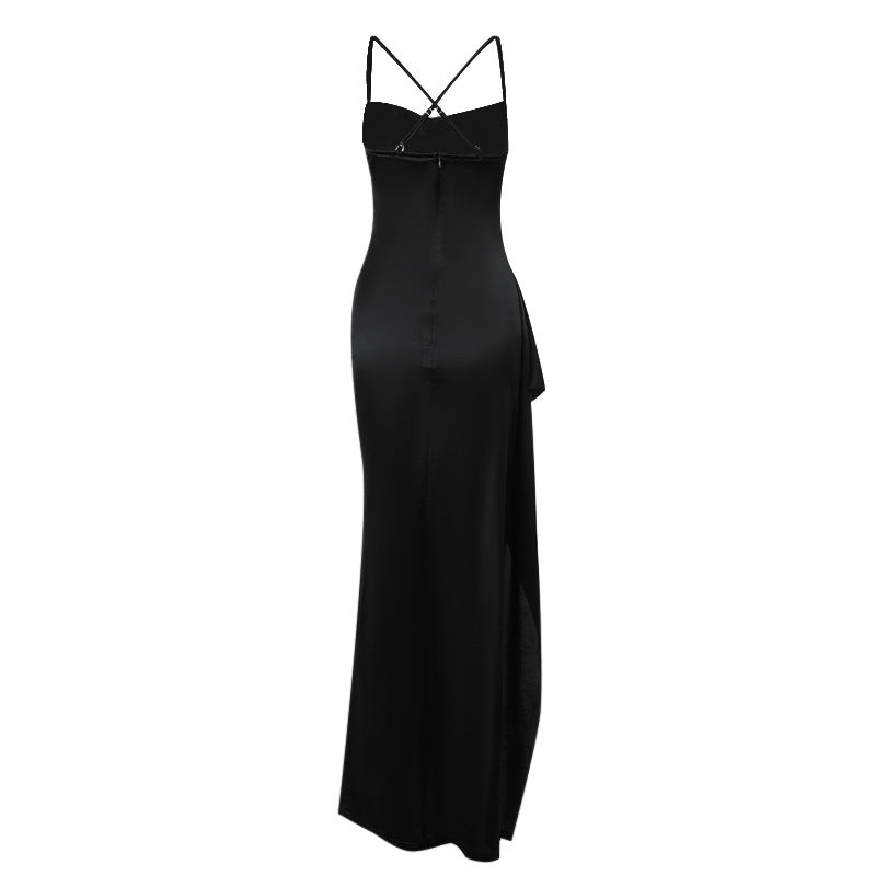 Damen elegantes Satin-Kleid mit tiefem Schlitz und verstellbaren Spaghetti-Trägern R&B