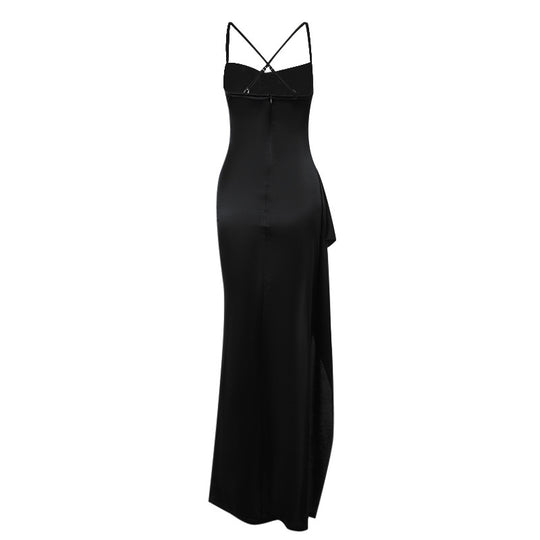 Damen elegantes Satin-Kleid mit tiefem Schlitz und verstellbaren Spaghetti-Trägern R&B