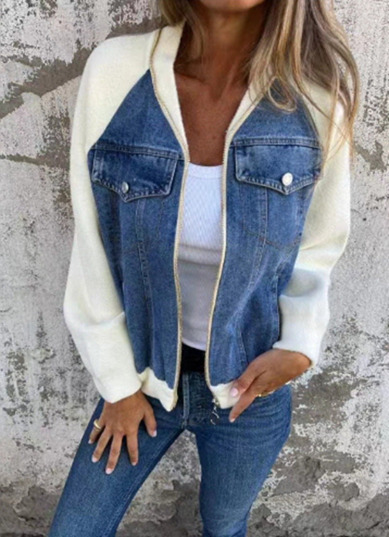 Damen nan Sweat-Jeans-Bomberjacke mit Raglanärmeln Brustklappen und Reißverschluss R&B