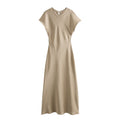 Damen elegantes Maxikleid mit fließendem Schnitt und modernem V-Ausschnitt R&B