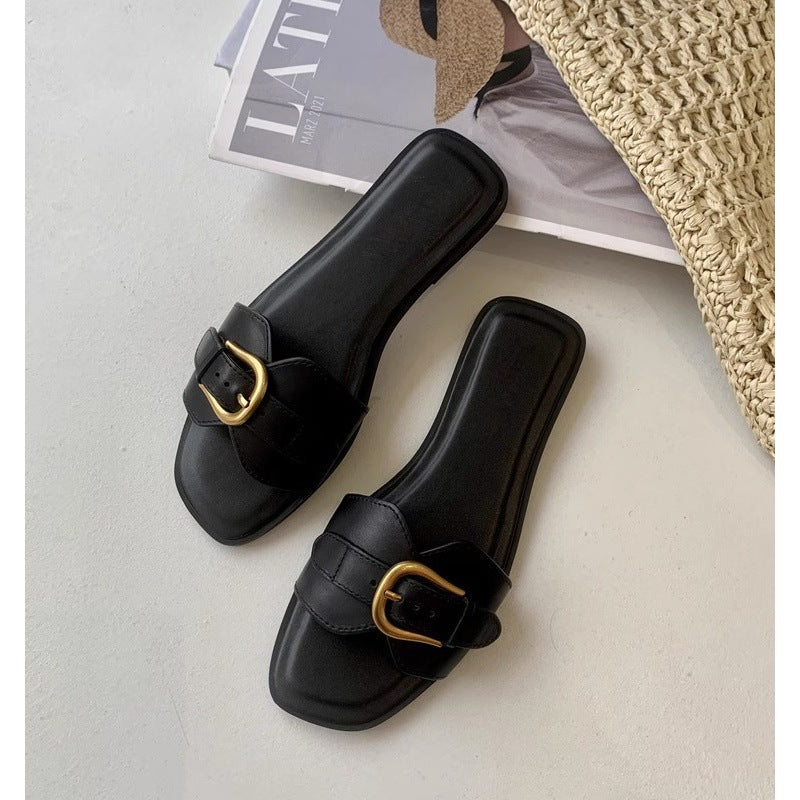 Damen modische Zehentrenner-Sandalen mit luxuriösem Schnallenakzent und bequemem Fußbett R&B