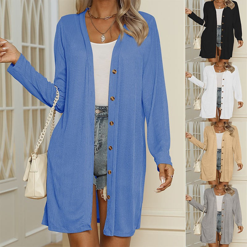 Damen lässige Langarm-Strickjacke mit Knopfdetails R&B