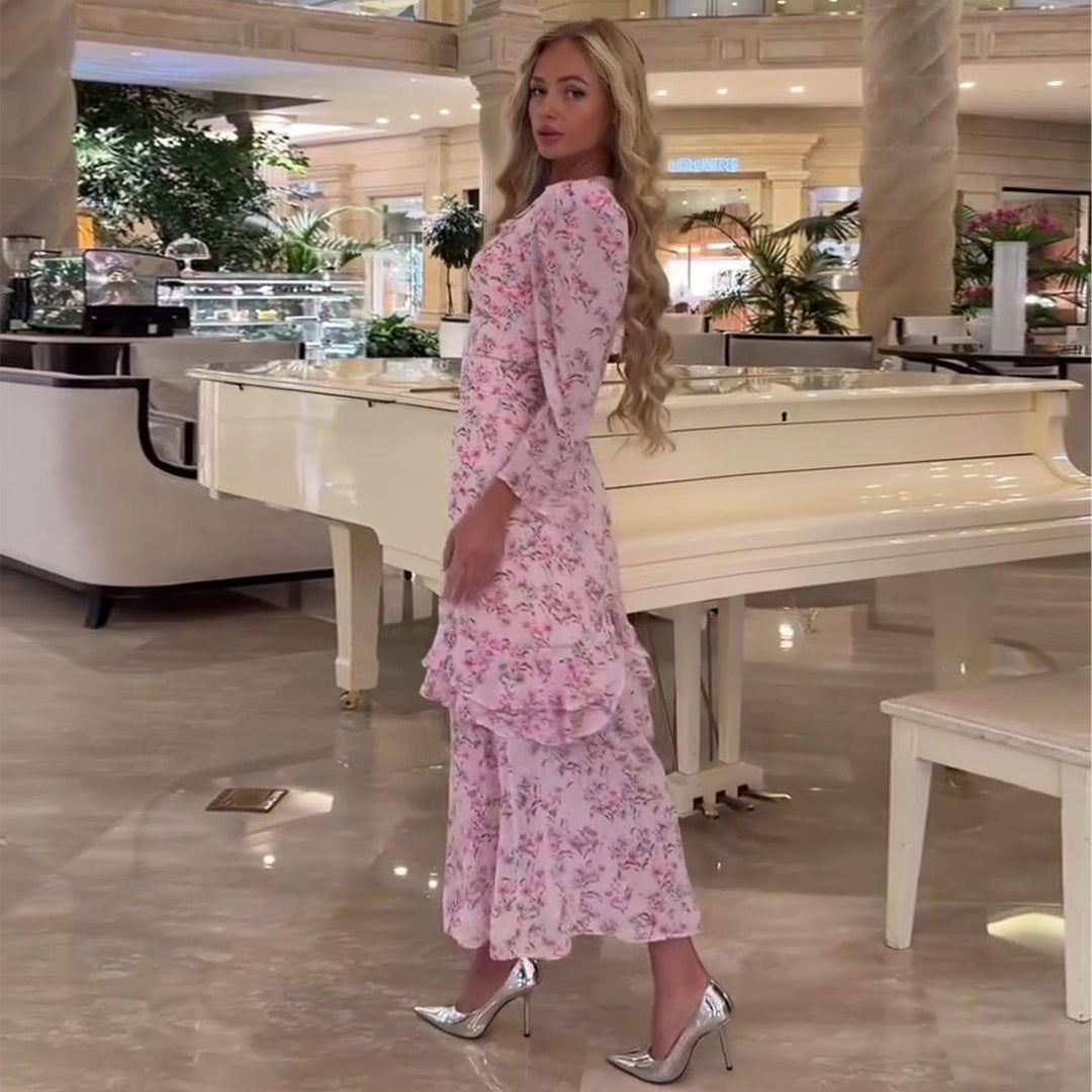 Damen Maxikleid mit floralem Design und hochgeschlossenem Ausschnitt R&B
