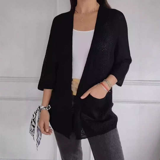Damen luftiger Strickcardigan mit praktischen Taschen und 3/4-Ärmeln R&B