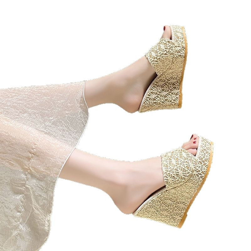 Damen Wedge-Pantoletten mit elegantem Glitzermuster und rutschfester Sohle R&B