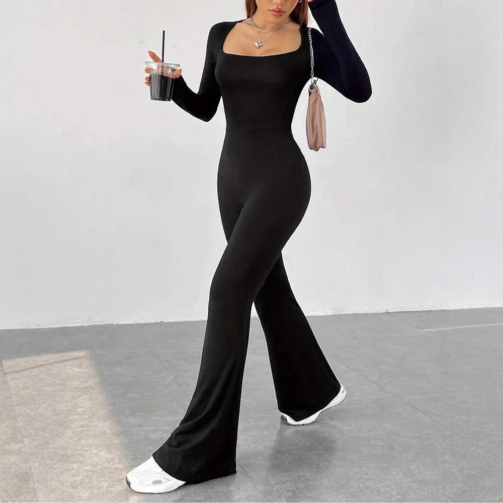 Damen Eleganter Jumpsuit mit weitem Bein und langen Ärmeln R&B