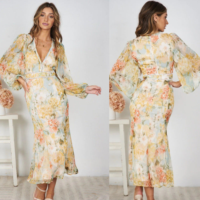 Damen Maxikleid mit ballonärmel und floralem Muster