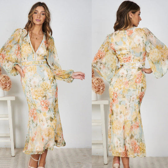 Damen Maxikleid mit ballonärmel und floralem Muster R&B