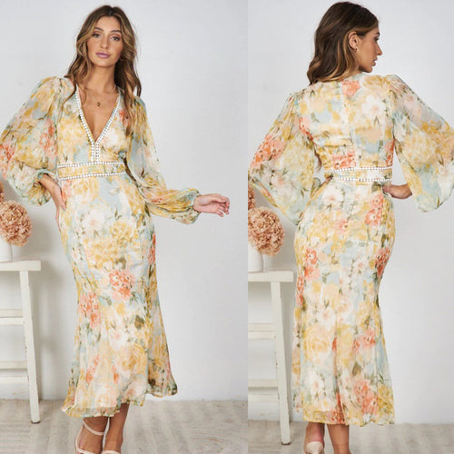 Damen Maxikleid mit ballonärmel und floralem Muster R&B