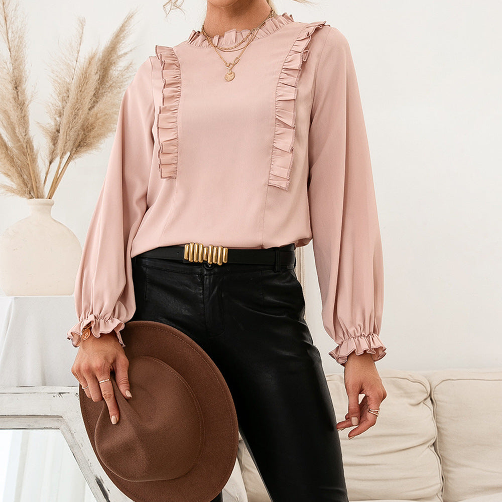 Damen elegante Bluse mit Rüschendetails und lockeren Ärmeln R&B