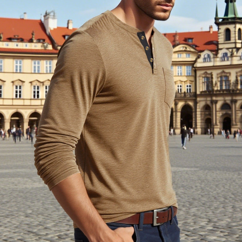 Herren Langarm-Henley-Shirt mit Knopfleiste und eleganten Akzenten R&B