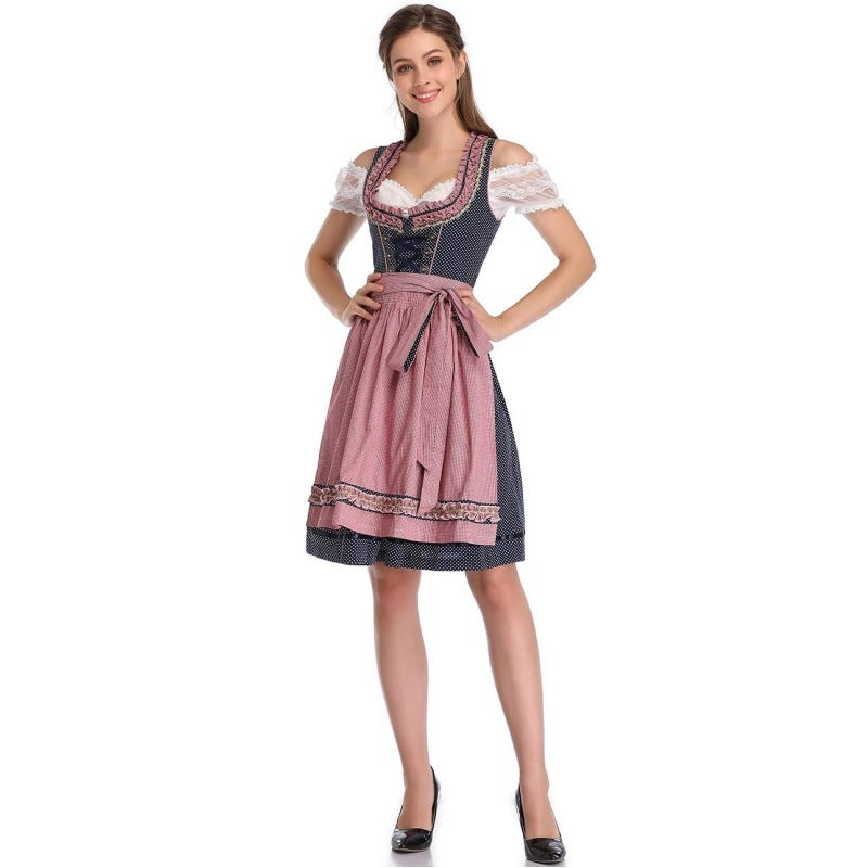 Damen nan traditionelles Dirndlkleid mit Herzausschnitt, korsettähnlicher Schnürung und kariertem Schürzenrock R&B