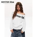 Damen nan asymmetrisches Sweatshirt mit überschnittenem Ausschnitt, diagonalem typografischem Print und ballonartigen Ärmeln R&B